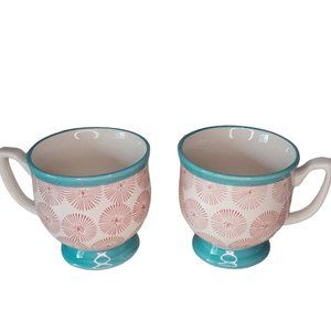 Pioneer Woman Happiness Mugs Turquoise with Red Starburst Footed Coffee Cups Two
